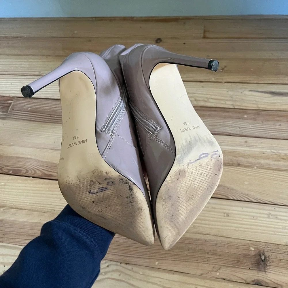 Nine West‎ Pointed Toe Stiletto Heel Ankle Boots Taupe Patent Leather Dressy